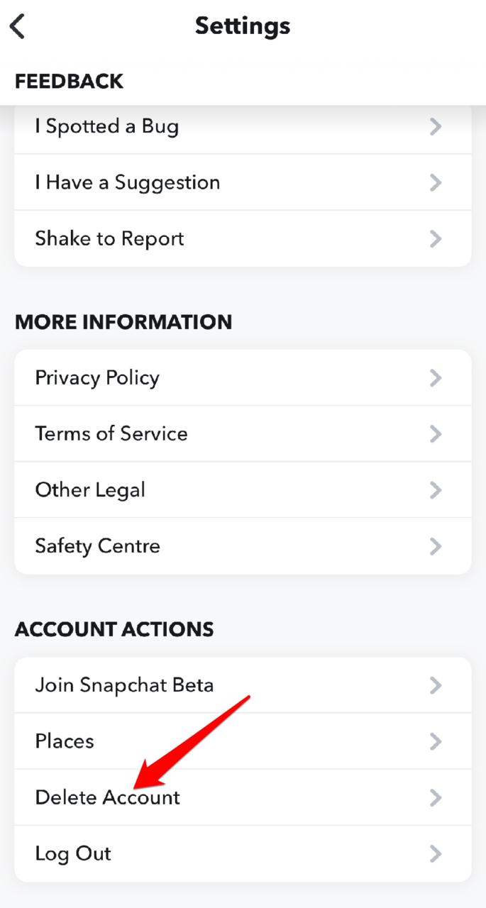 In the Account Actions menu, tap on "Delete Account