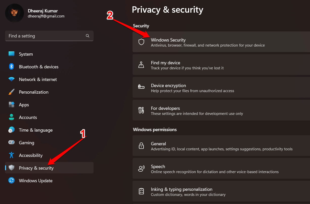 Go to Windows Security in  Privacy & Security