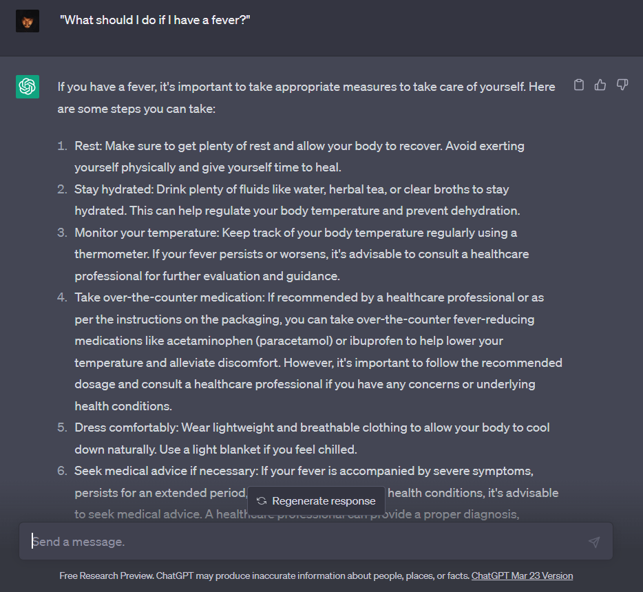 Reply on asking what to do if I have a fever.