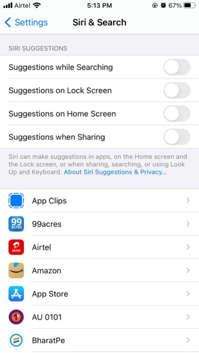 disable siri suggestions iphone