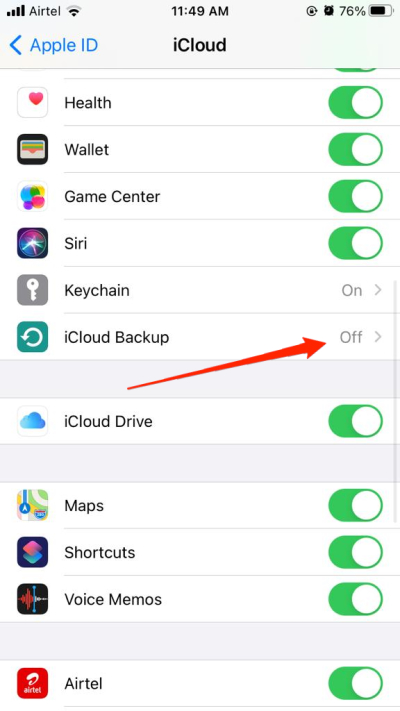 disable icoud backup iphone