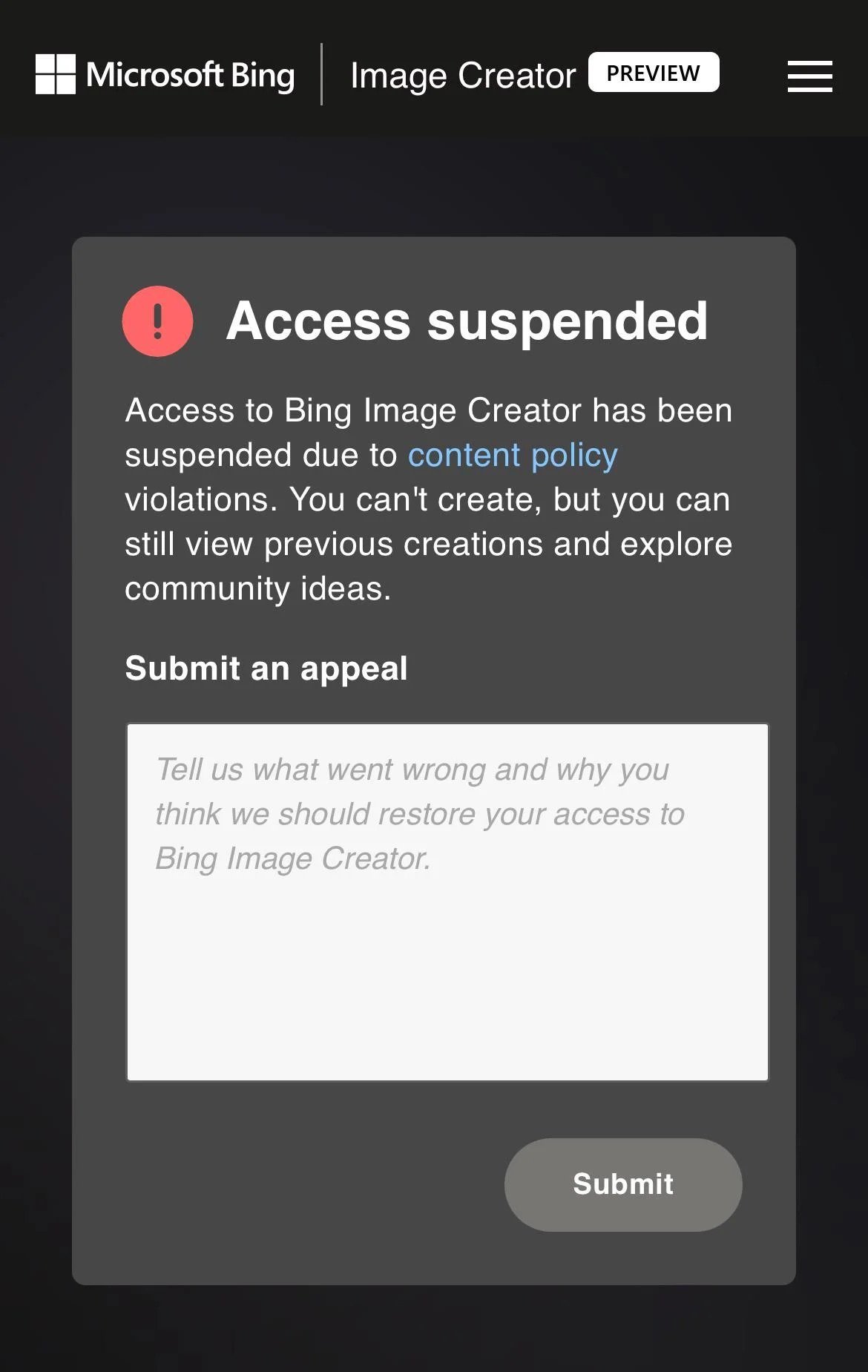 Access Suspended Bing Image Creator