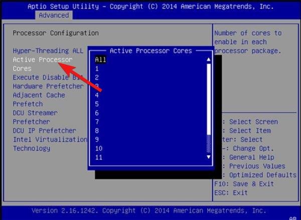 Active Processor Cores settings BIOS