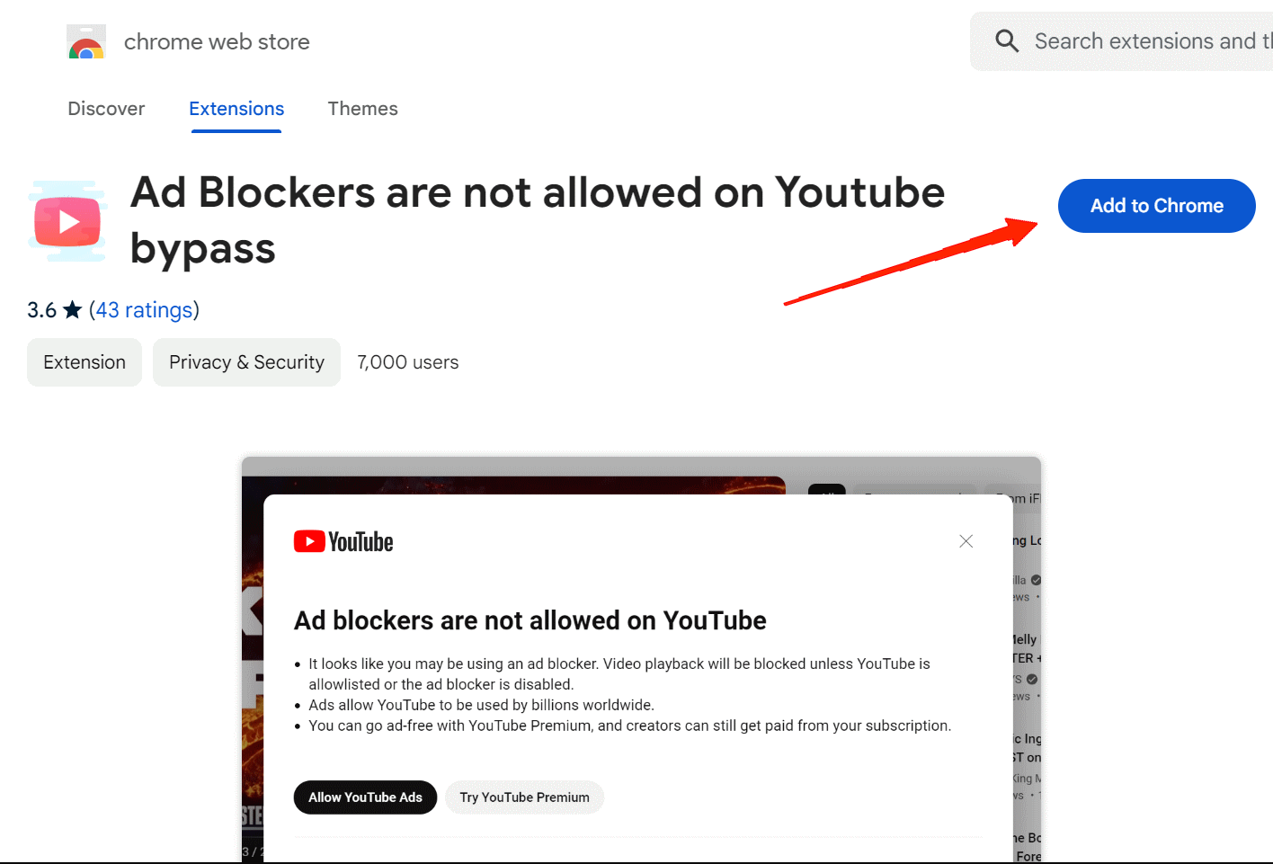 Откройте Google Chrome и выполните поиск. "Блокировщики рекламы не разрешены при обходе YouTube.".