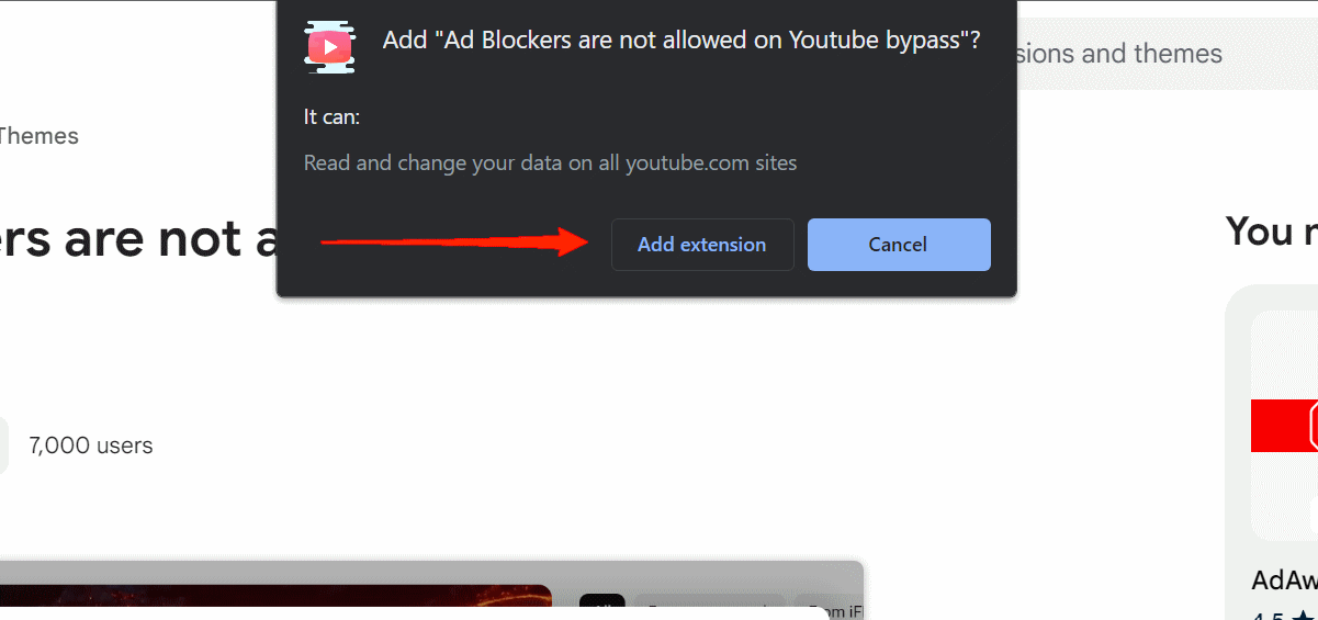 Click on the Add Extension button in the pop-up Window.