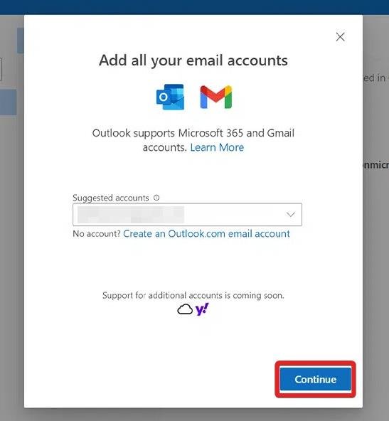 Add the email account and press the Continue button
