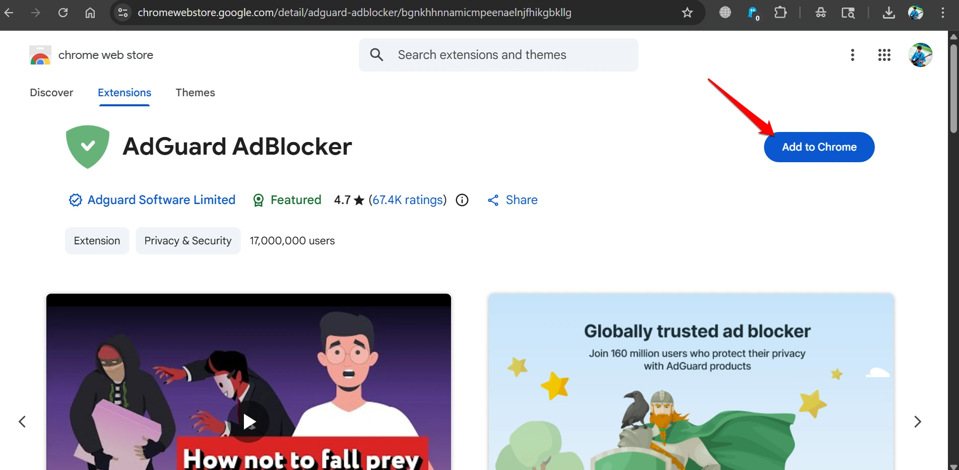 Adguard ad blocker extension for Chrome