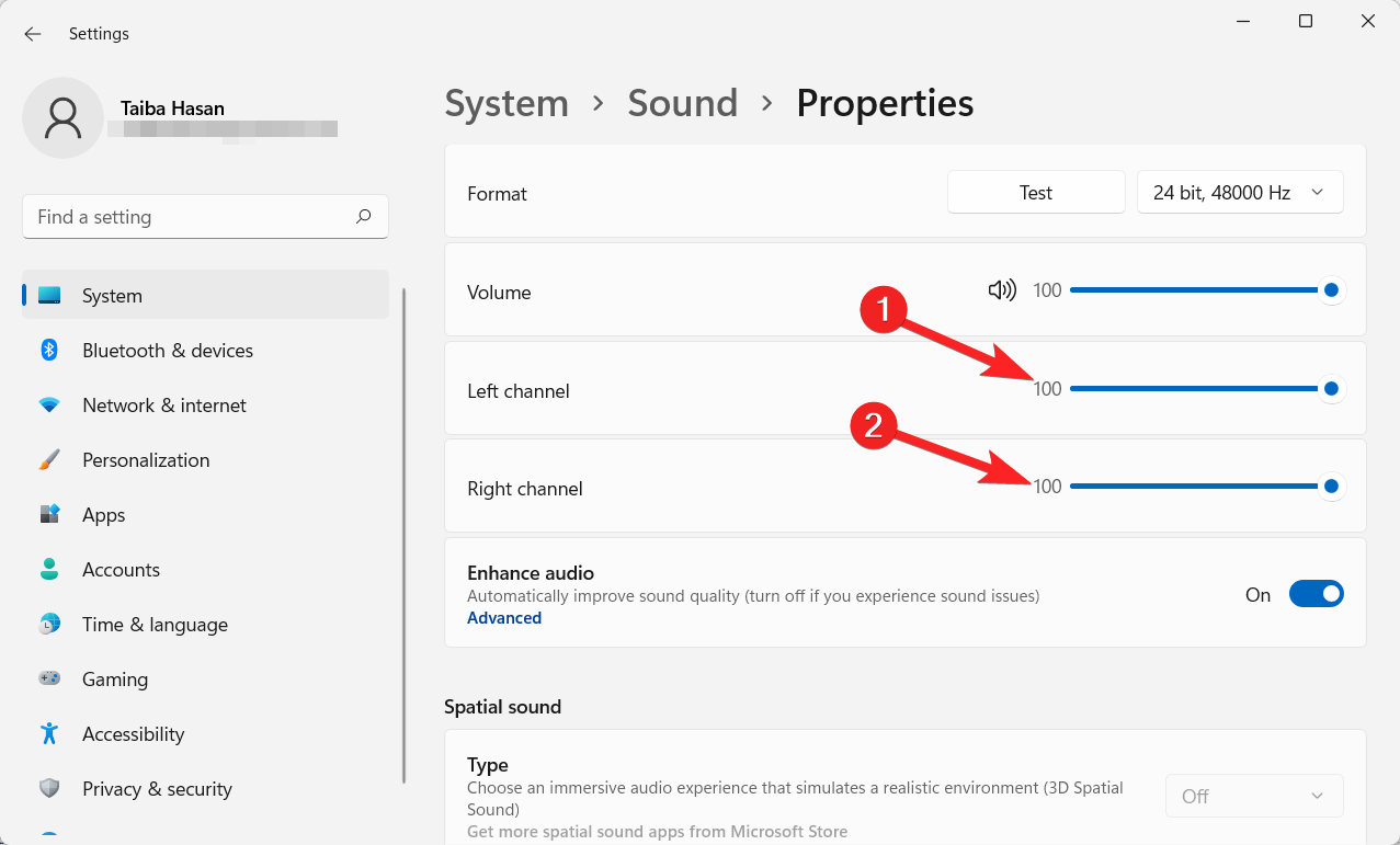 Adjust volume levels for right and left channels
