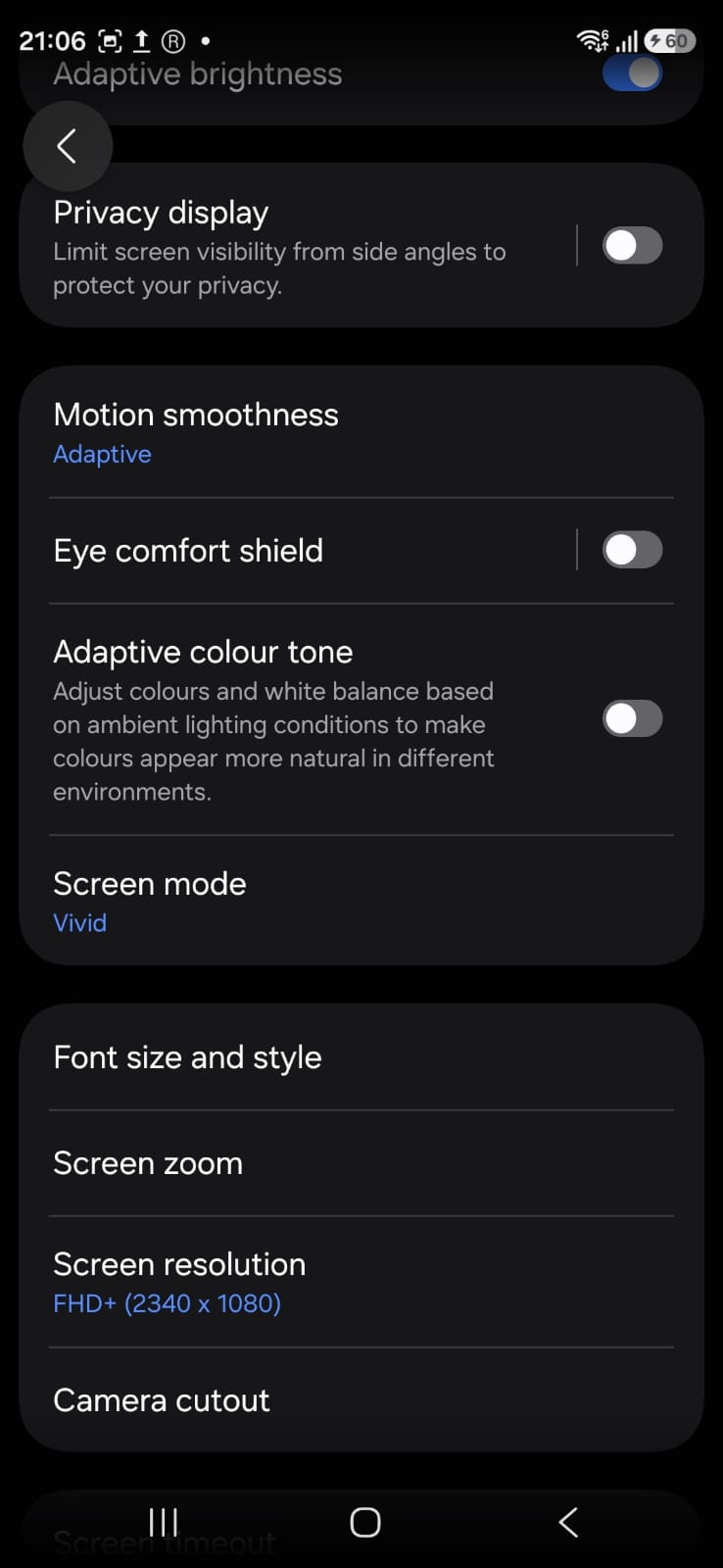 Adpative brightness Samsung S26 Ultra Settings