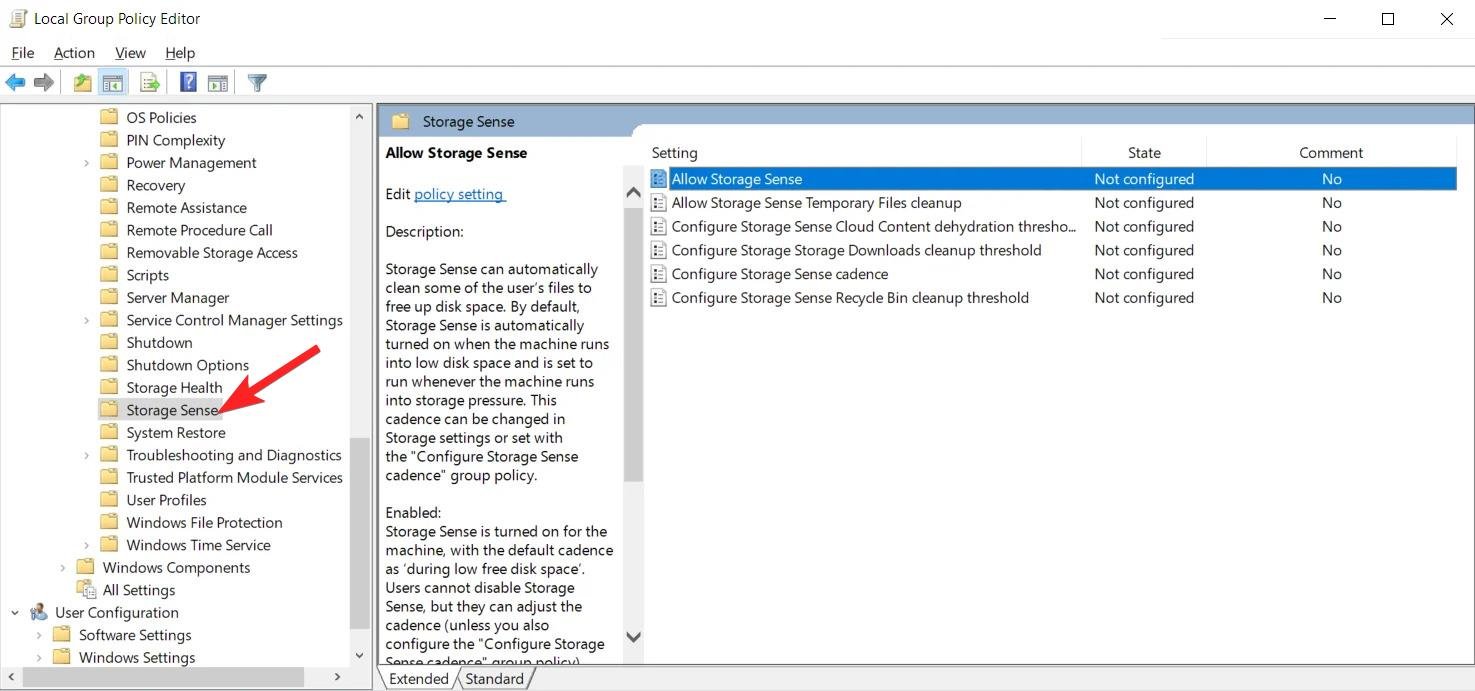 Allow Storage Sense policy in Group Policy Editor