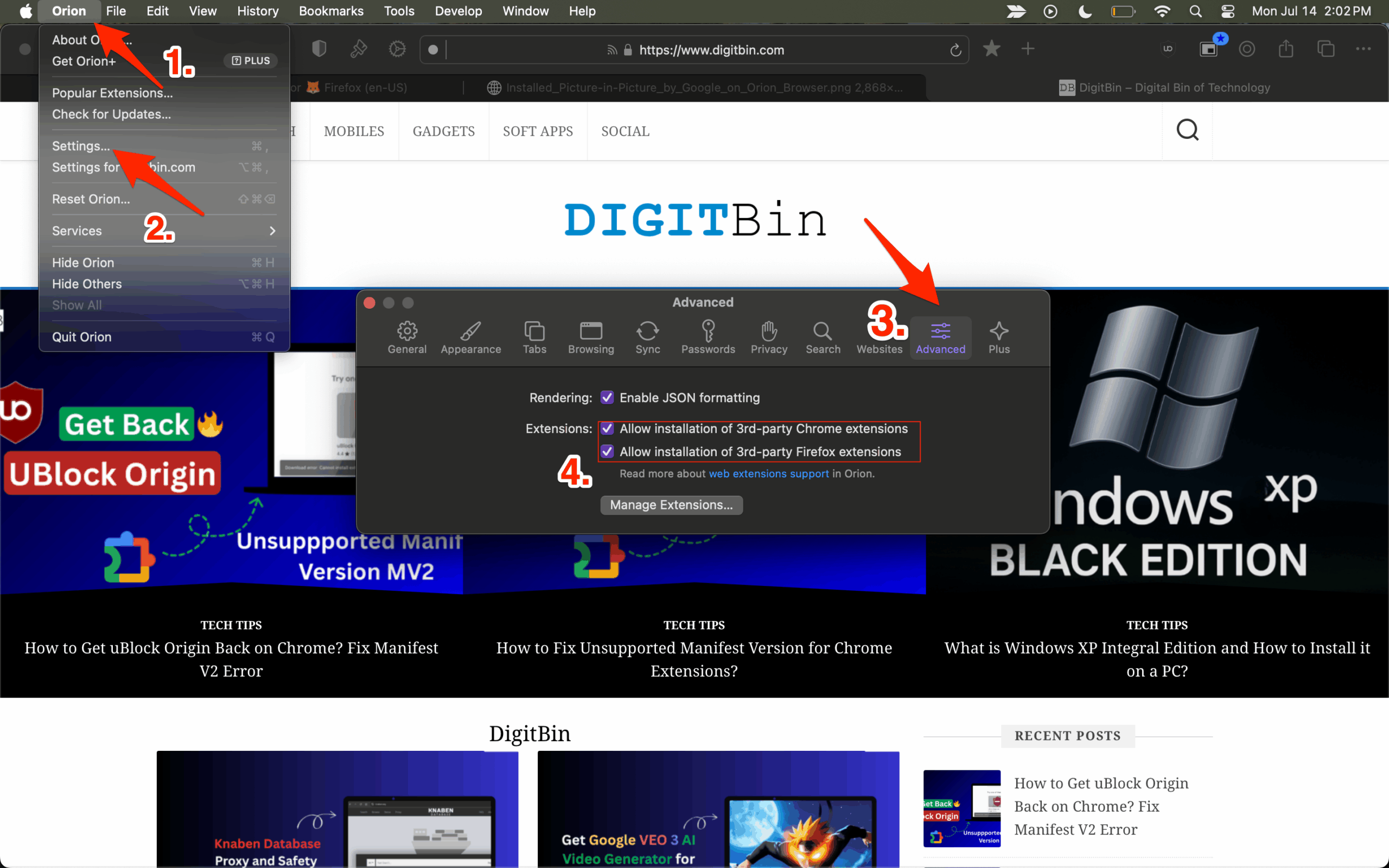 Allow installtion of Chrome and Firefox Extensions from Advanced Settings of Orion Browser