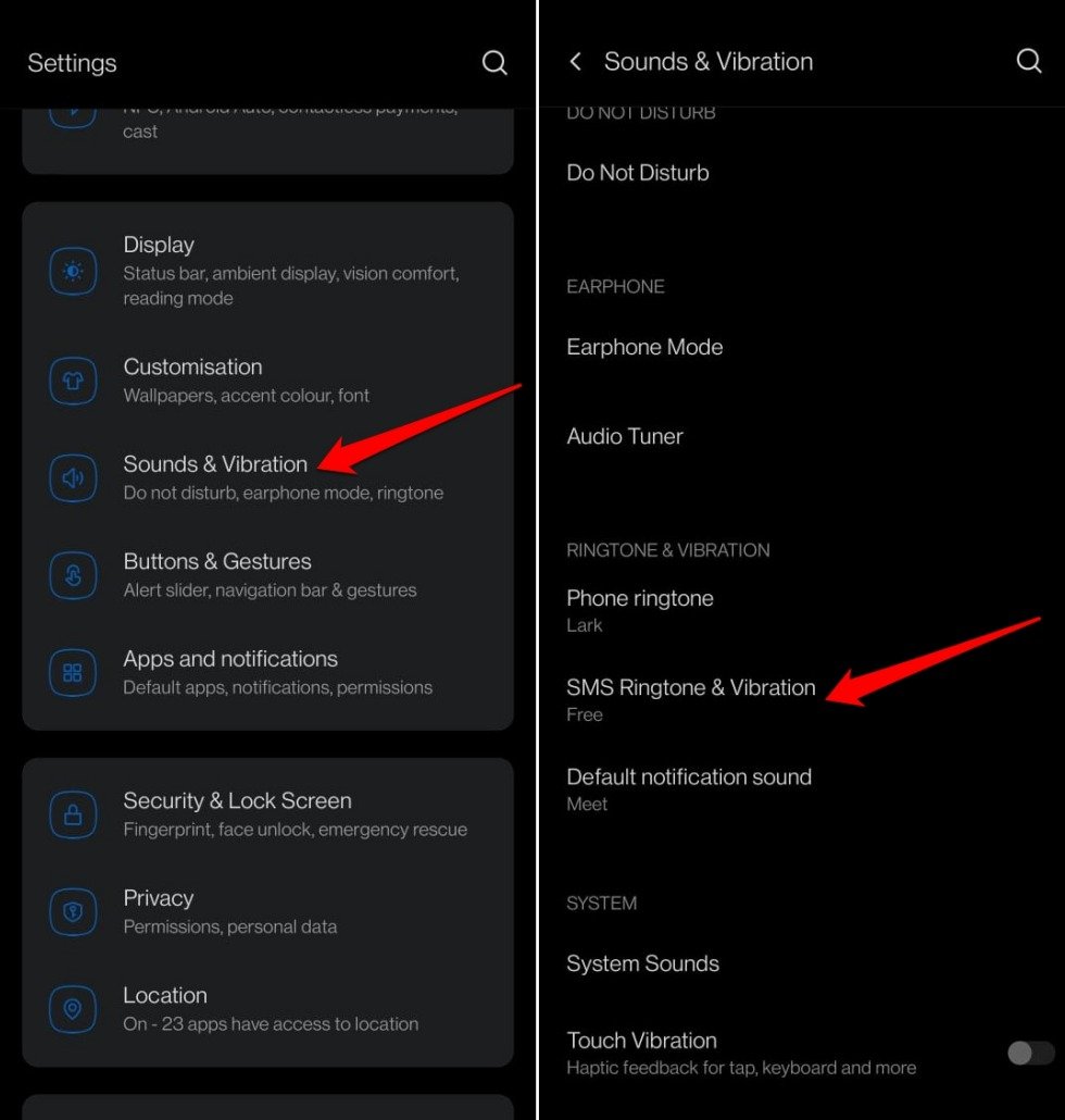 Android SMS vibration settings