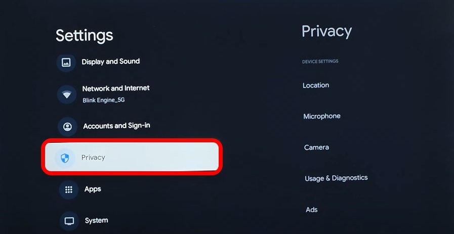 Android TV privacy settings