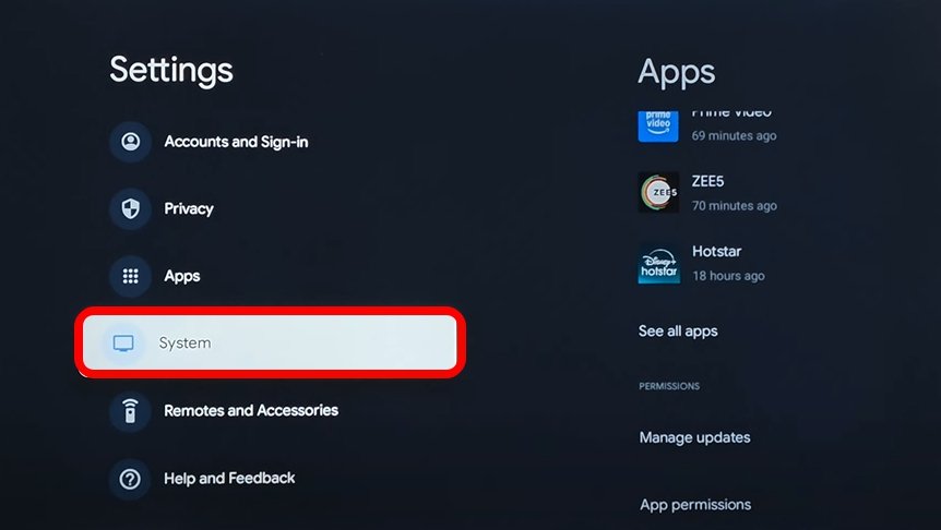 Android TV system setting