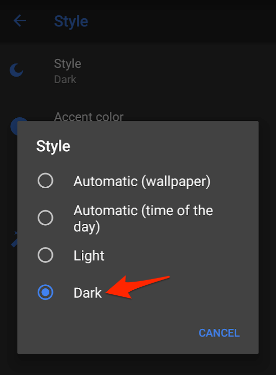 Android Display Settings - Dark Style
