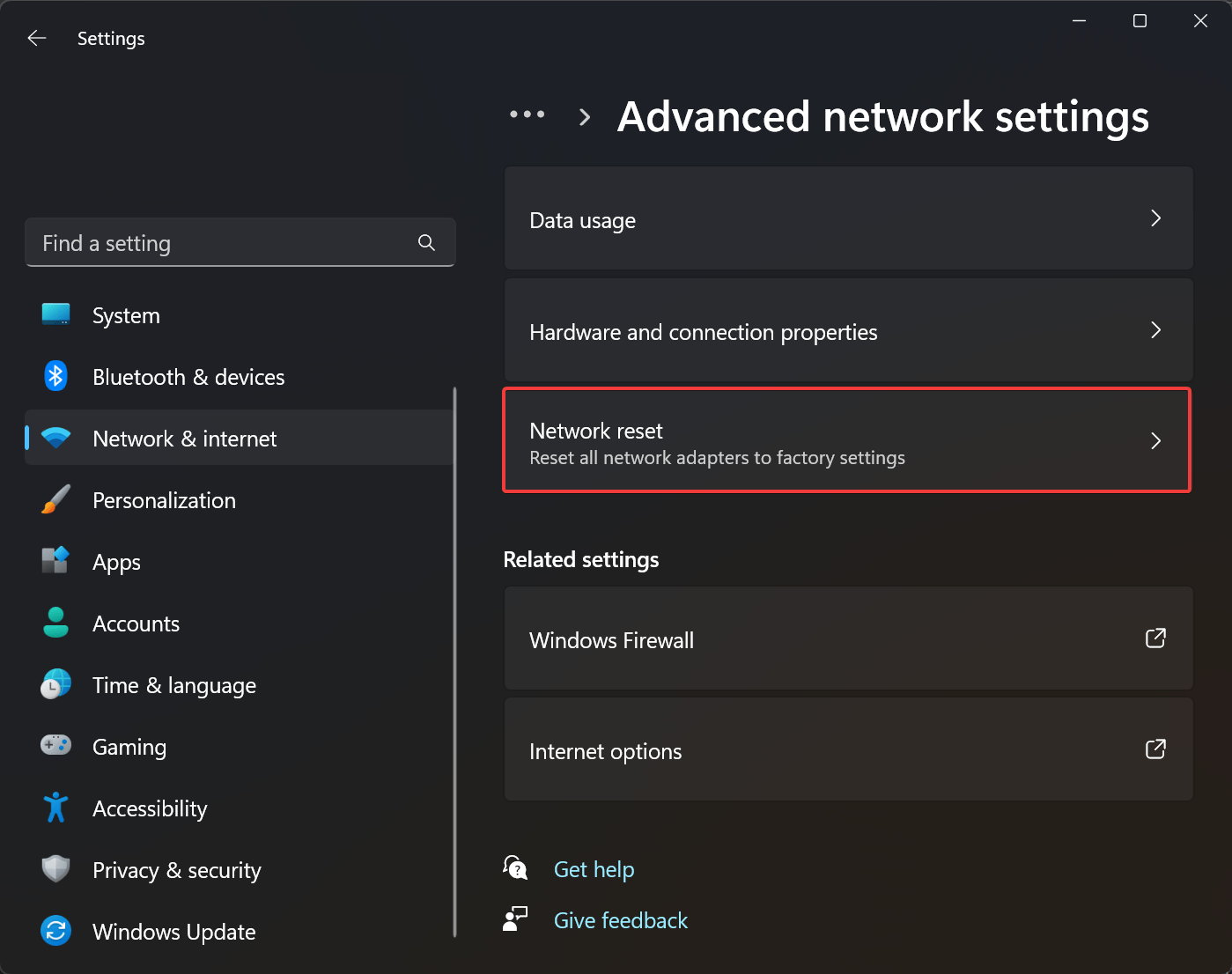 click on Network reset