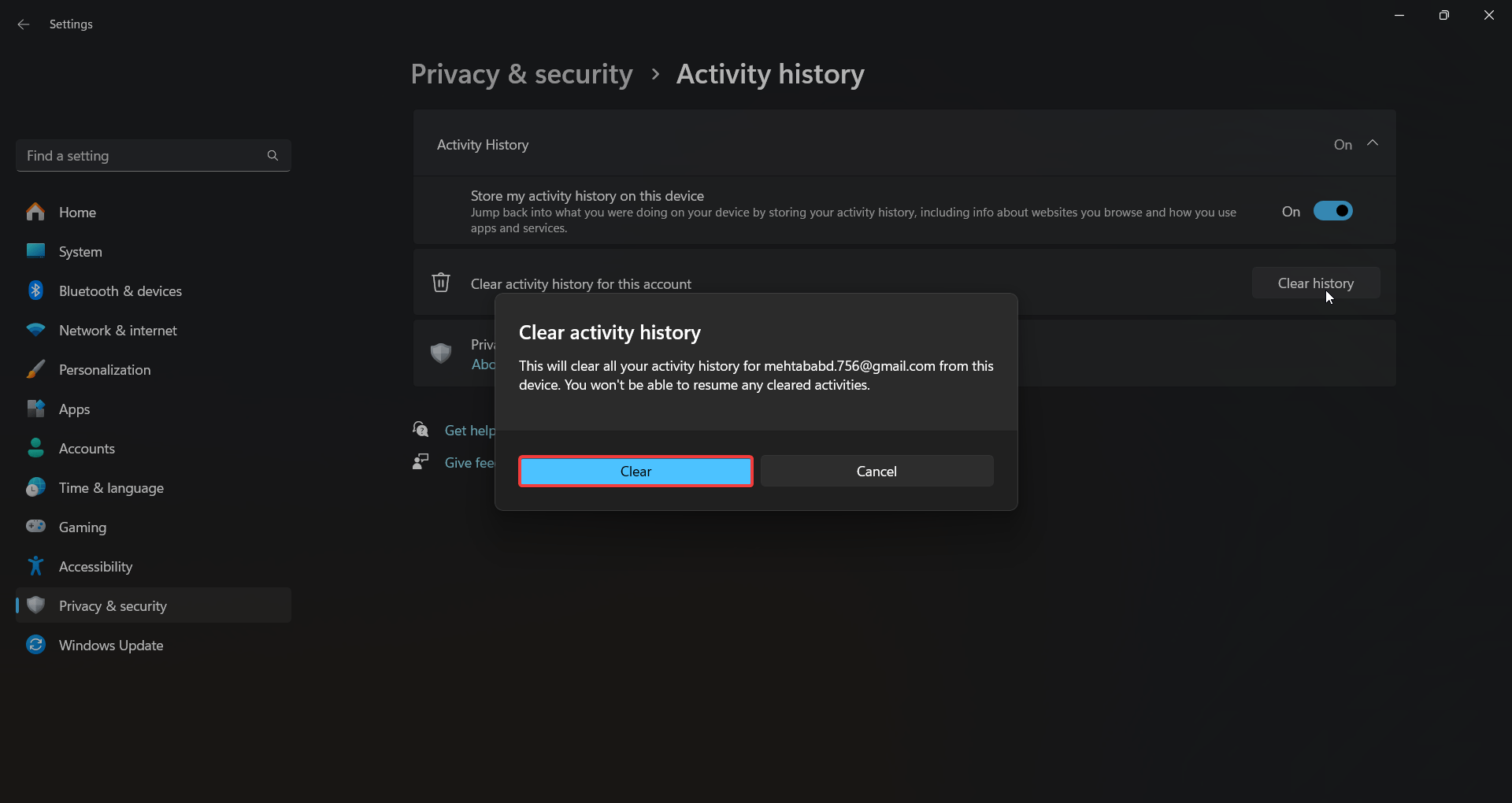 confirm clear Activity History