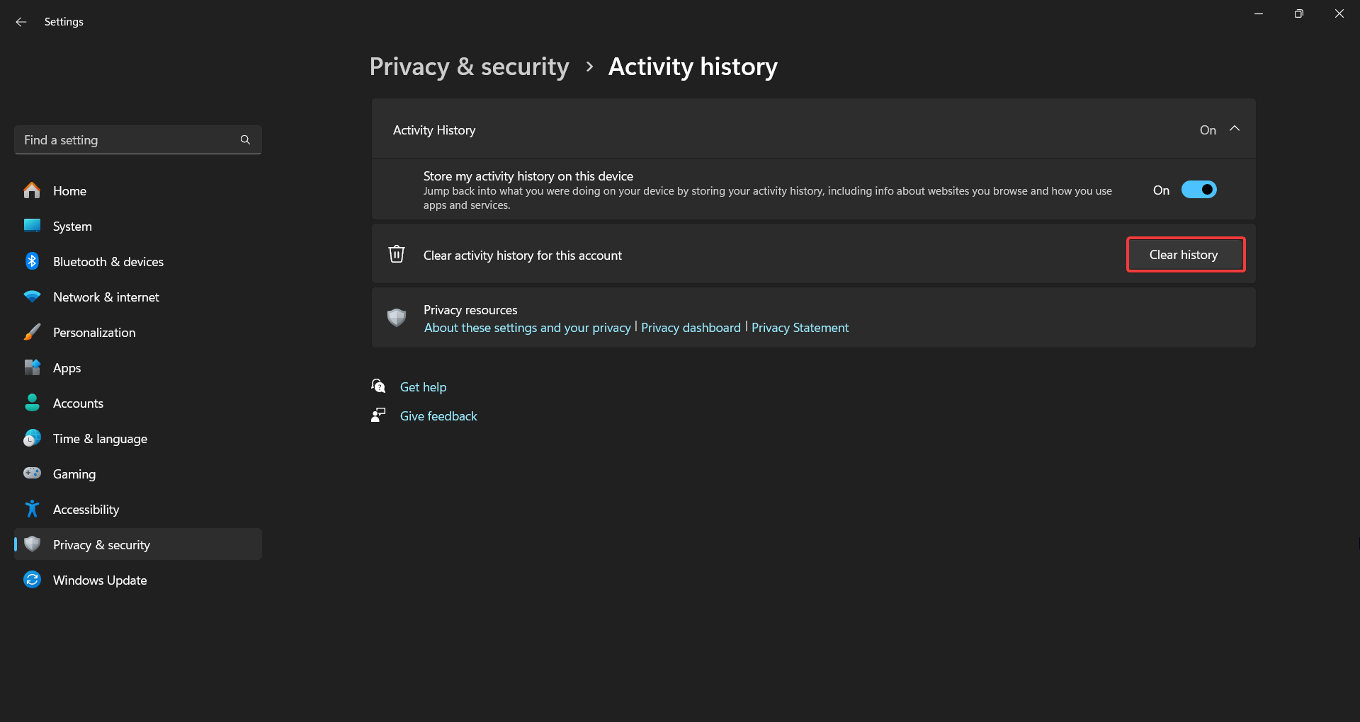 clear Activity History