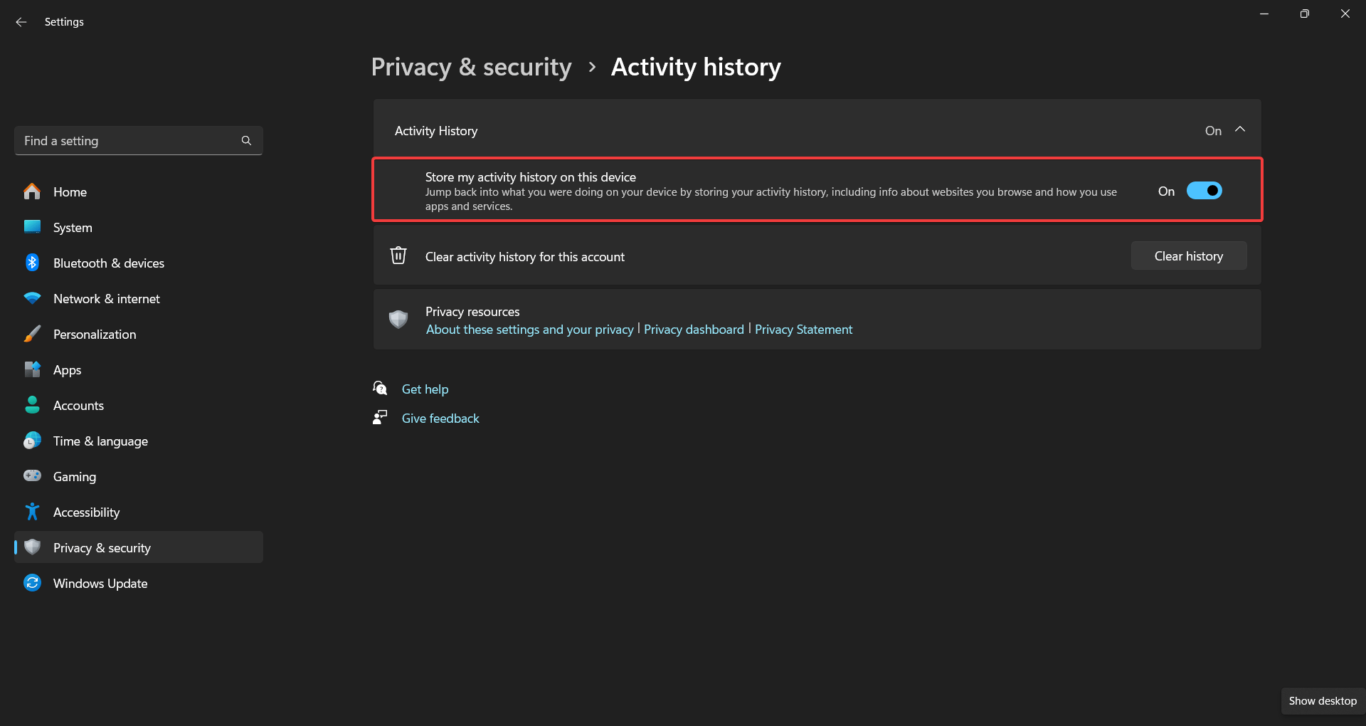 turn off Activity History