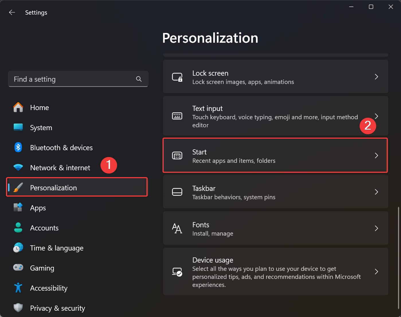 Open Start settings