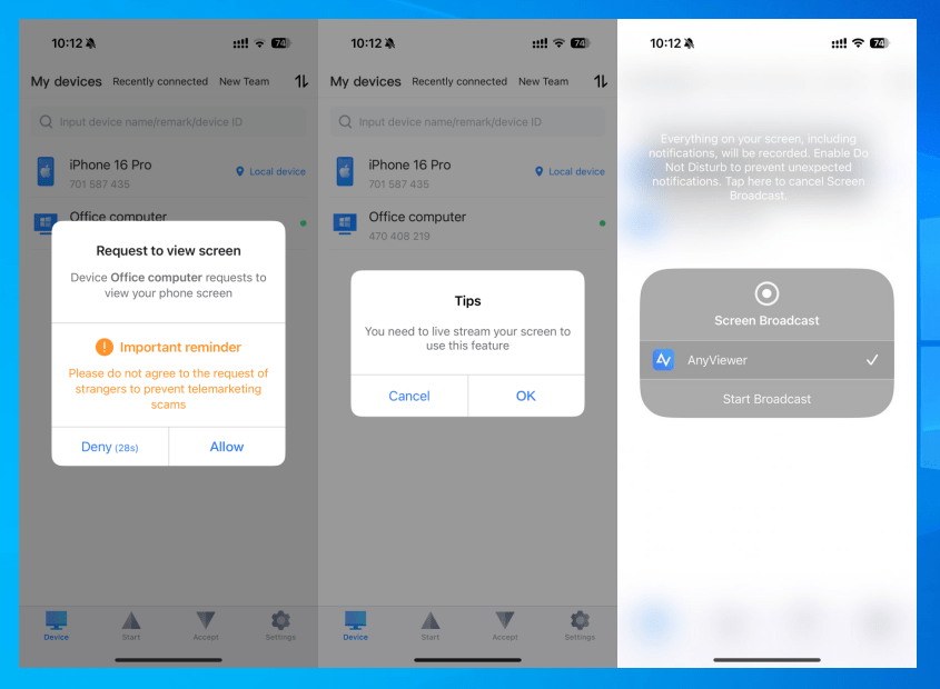 Approve the screen sharing request on your iPhone and tap Start Broadcast