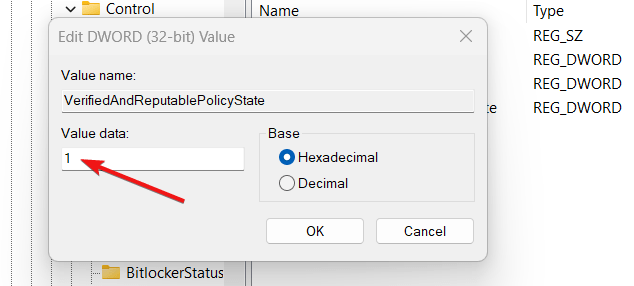 Assign 1 in Value Data field