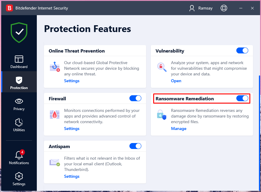 Bitdefender developed a dedicated function to prevent ransomware malware from entering the machine and remove it if there are any