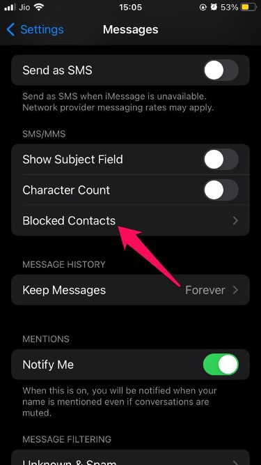 Blocked contacts messages