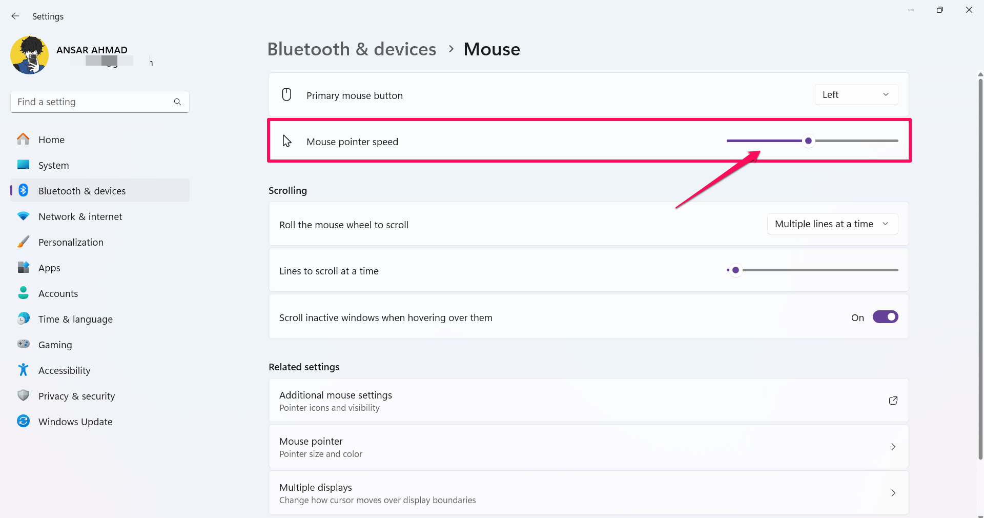 Change the mouse sensitivity using the pointer slider