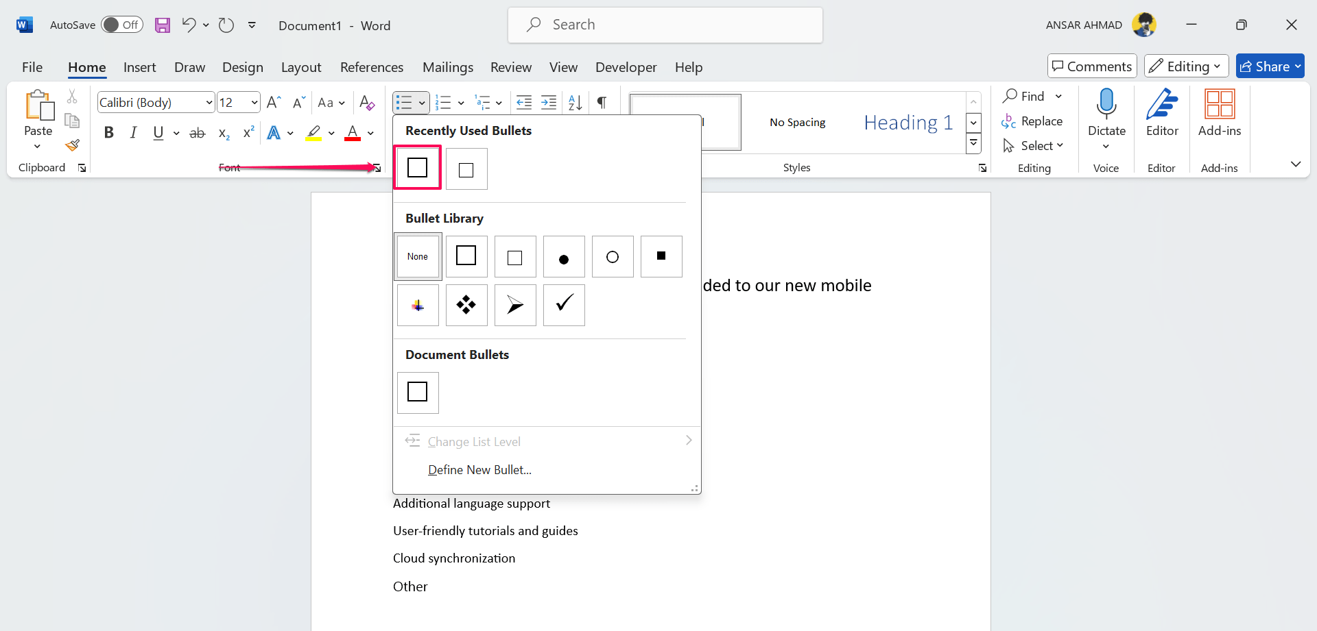Choose Checkbox from Recently Used Bullets