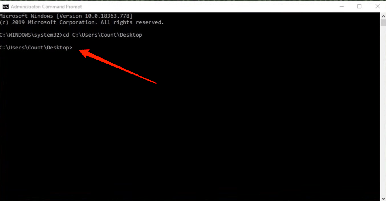 After providing the above command and the correct path, hit the Enter button. Now, the CMD is focused on the particular directory, in my case it is the Desktop.