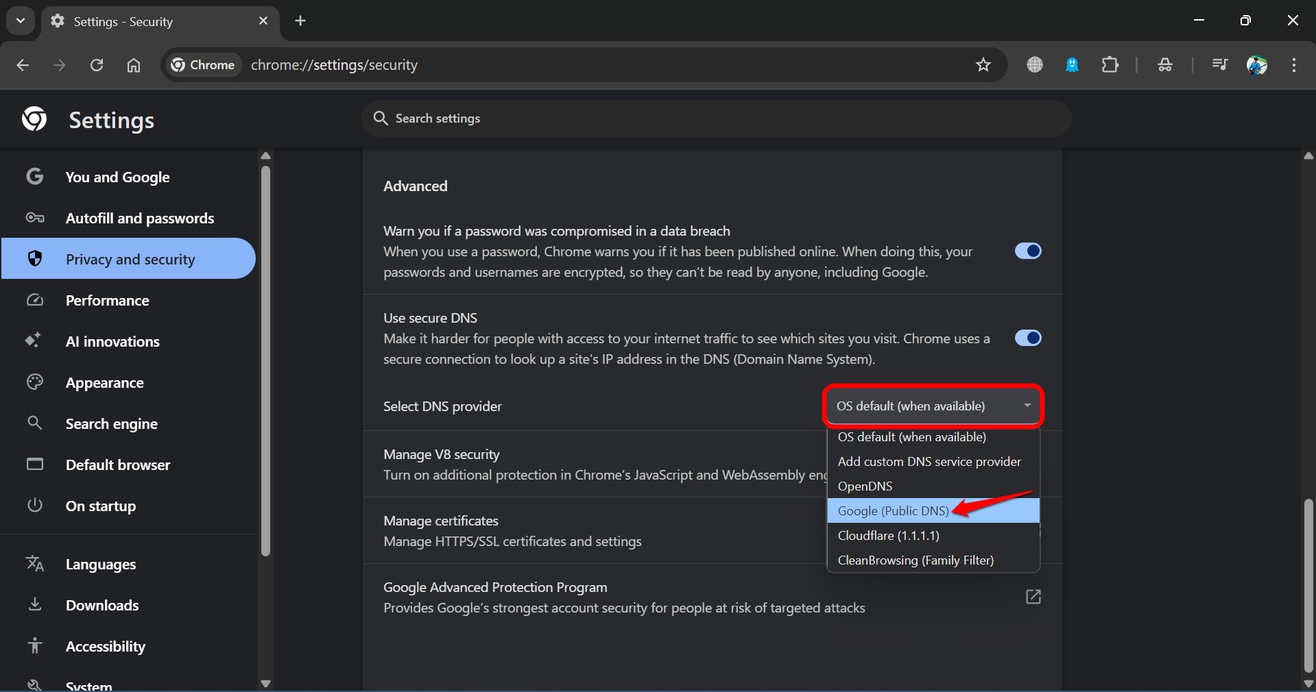 Change DNS in Chrome