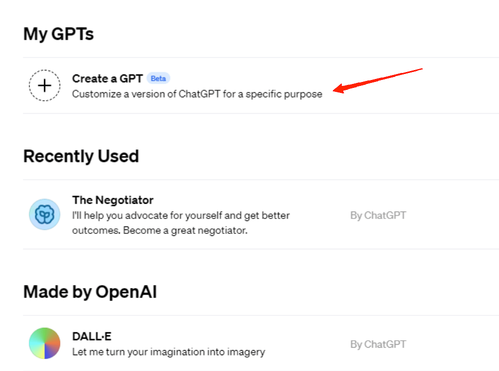 Click on the first option "Create a GPT". Again, this will direct you to the custom GPT builder.
