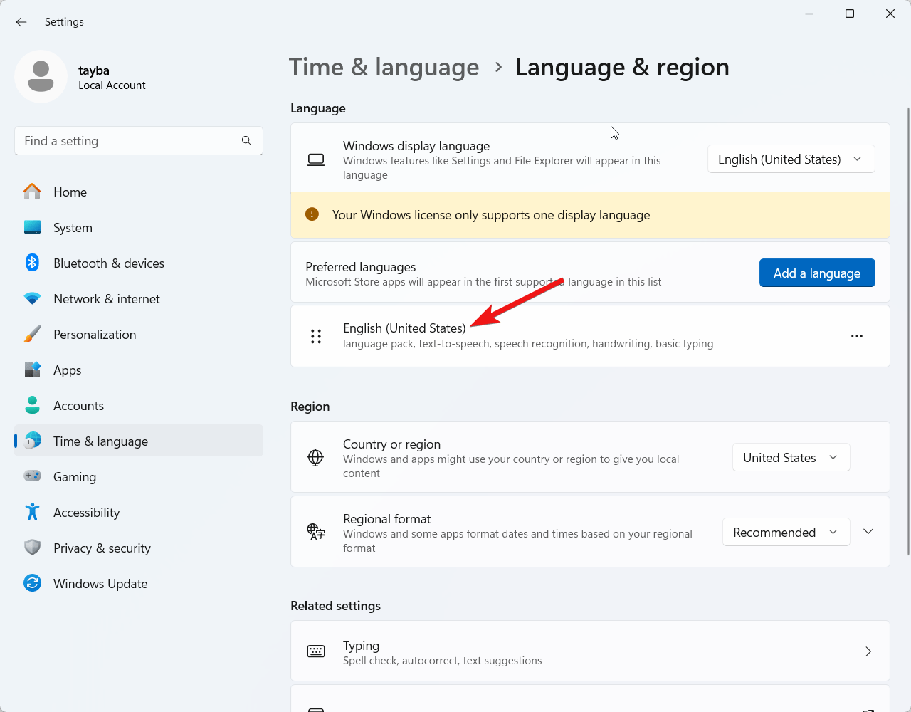 Choose English located under the preferred language settings