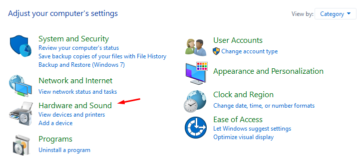 Choose “Hardware and Sound” from Control Panel