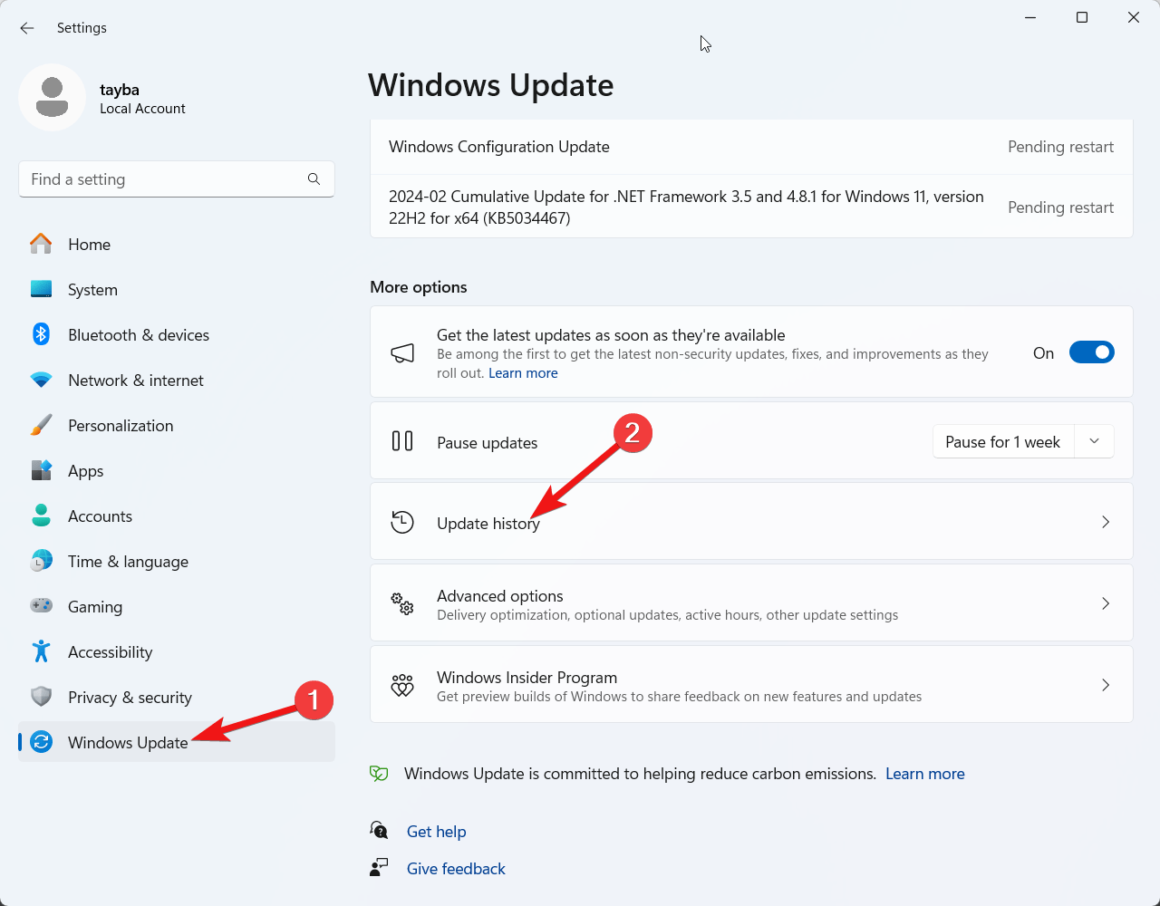 Choose Update history from the right section