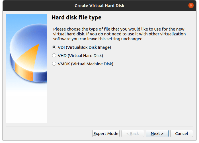Choose “VDI (Virtual Disk Image)” and then click on “Next” to continue
