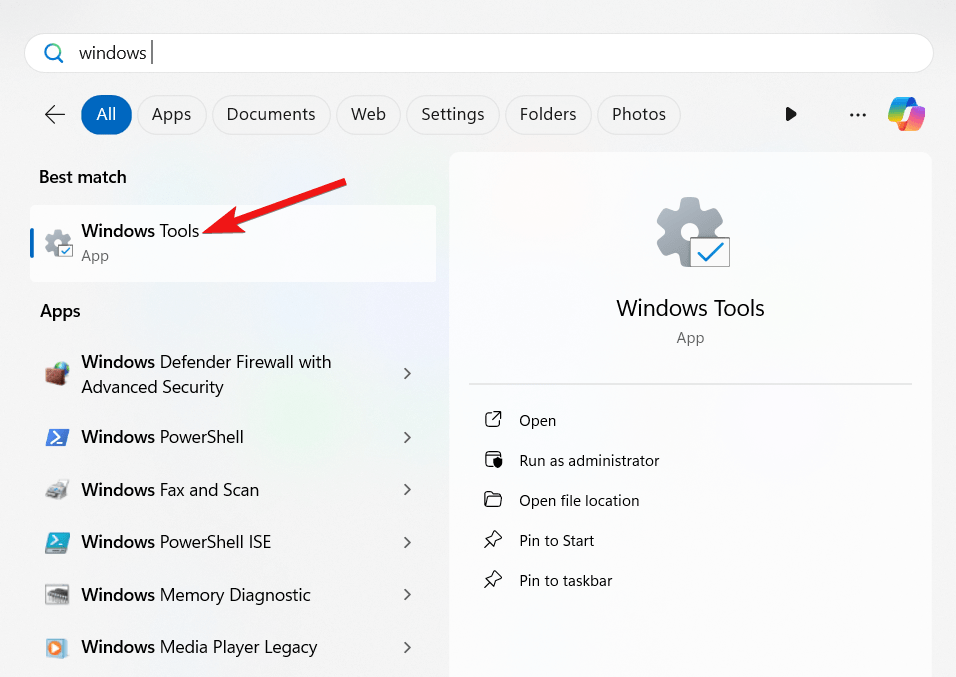 Choose Windows tools from the search result