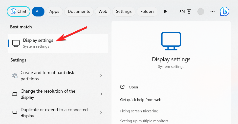 Choose display settings from the search results section