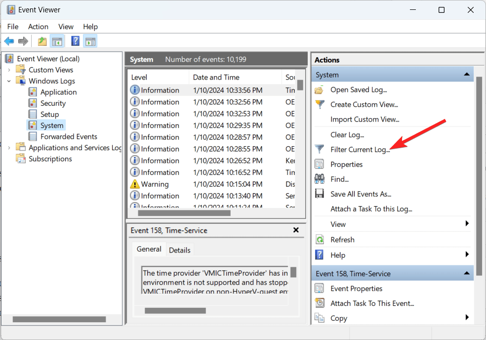 Choose filter current log from right pane