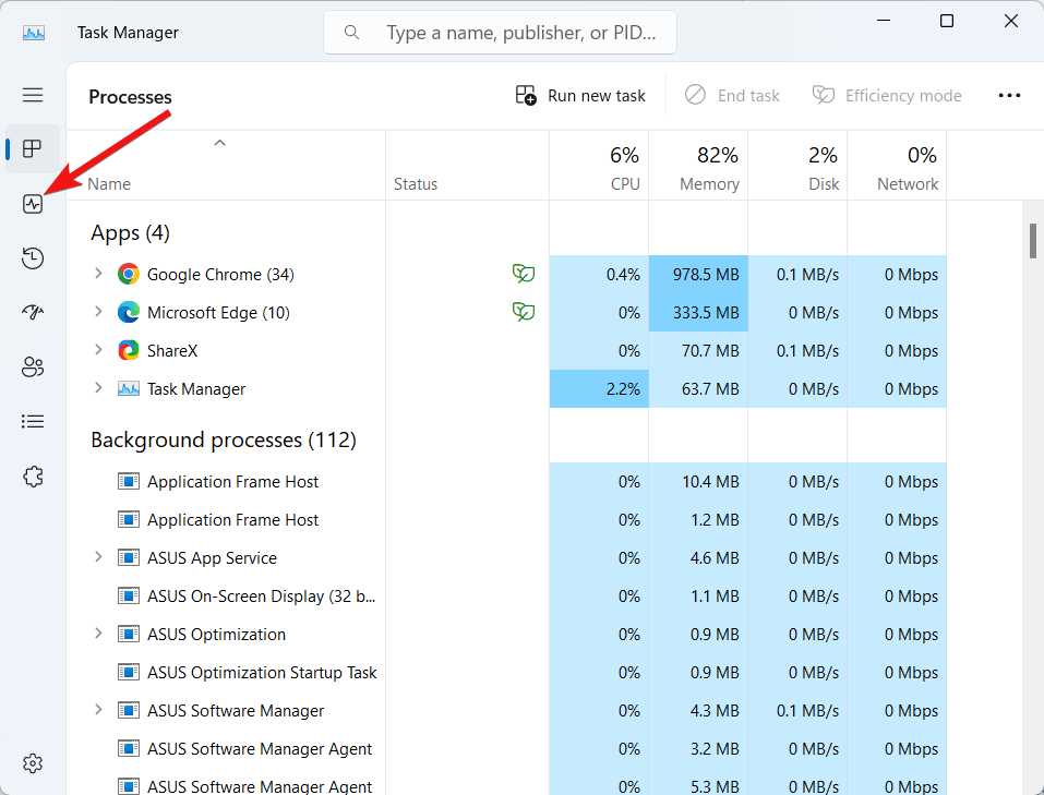 Choose the Performance tab from Task Manager