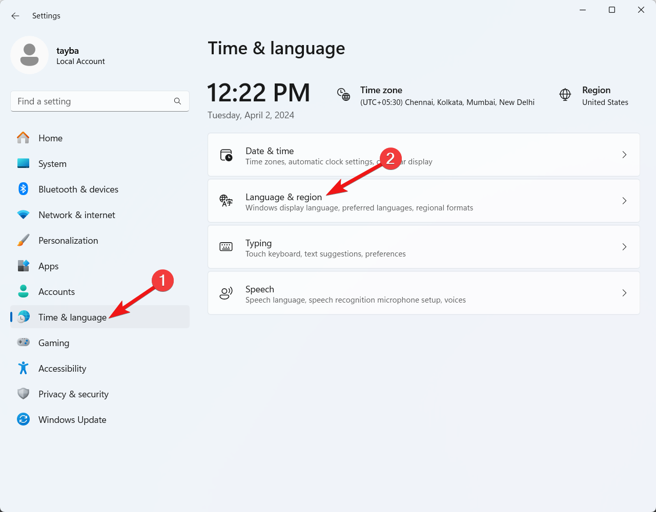 Choose time and language and then language and region