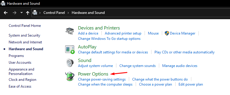 Choose “Power Options” to continue