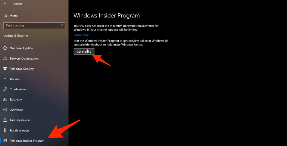 Choose Windows Insider Program at the bottom and then click on “Get Started.”