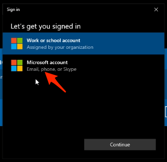 Choose one option, and I have selected “Microsoft account”