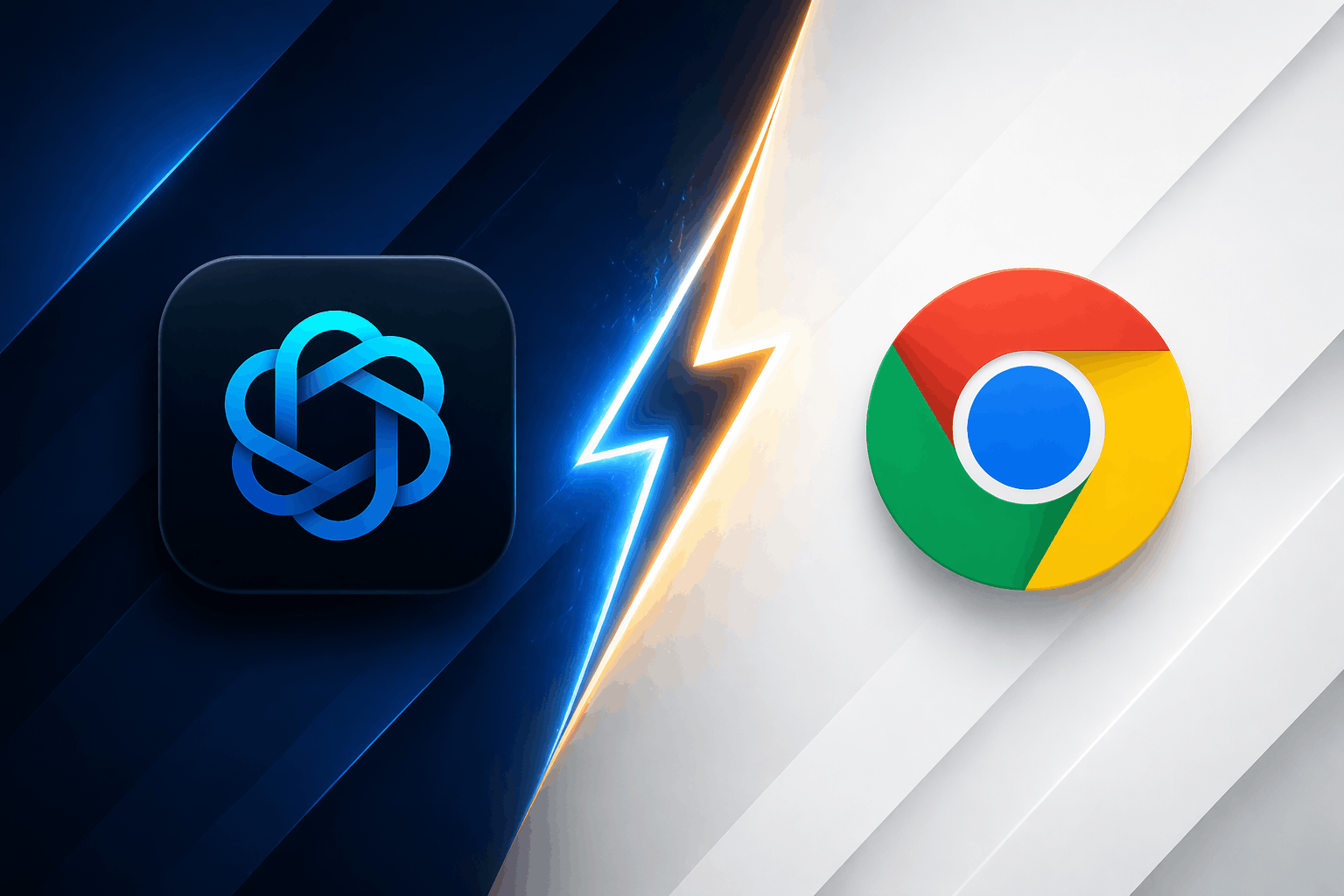 I Used ChatGPT Atlas for a Month, Chrome Still Comes Out Ahead Chrome Vs ChatGPT Atlas Logo with a thunder icon between showing comparision