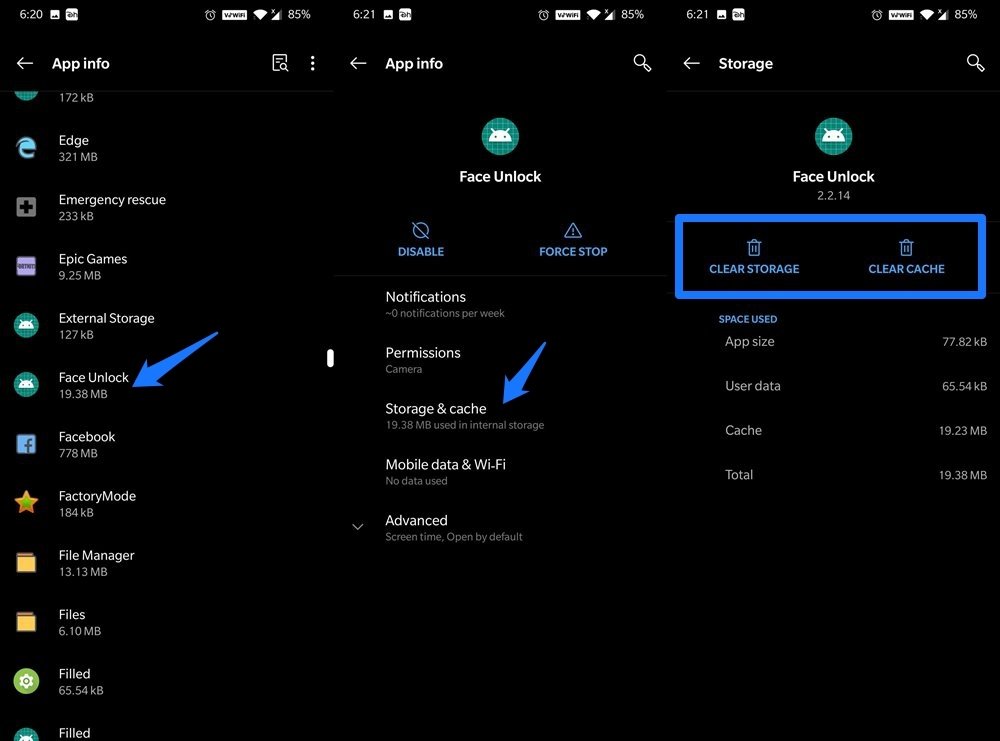 Clear Data & Cache of Face Unlock