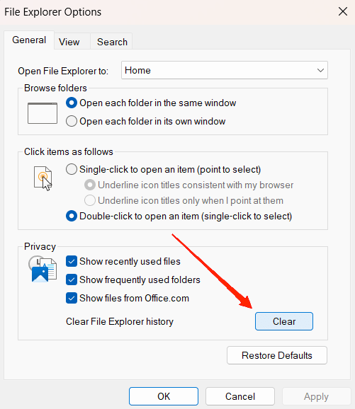 Click on Clear under Privacy option.