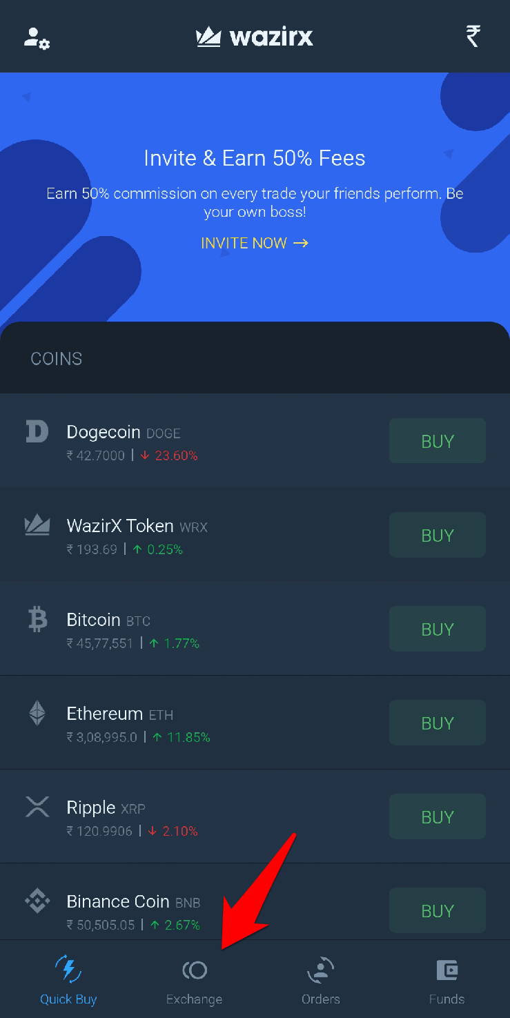 Click on Exchange on Mobile App