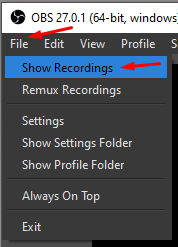 Click on “File” located at the top menu and then choose “Show Recordings” to access the captured video